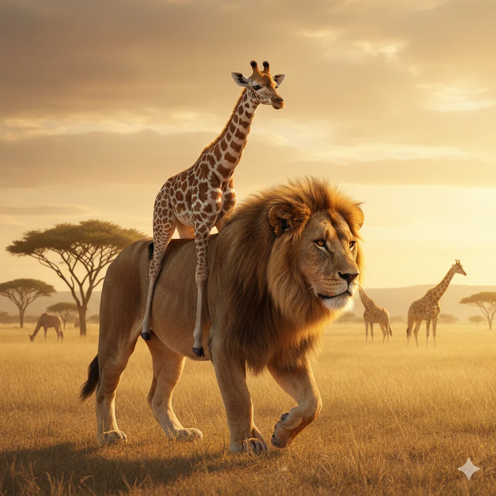 an AI generated image of baby giraffe riding a lion