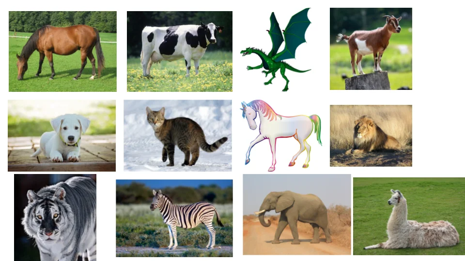 An assortment of animal pictures including a cow, horse, dragon, unicorn, and others